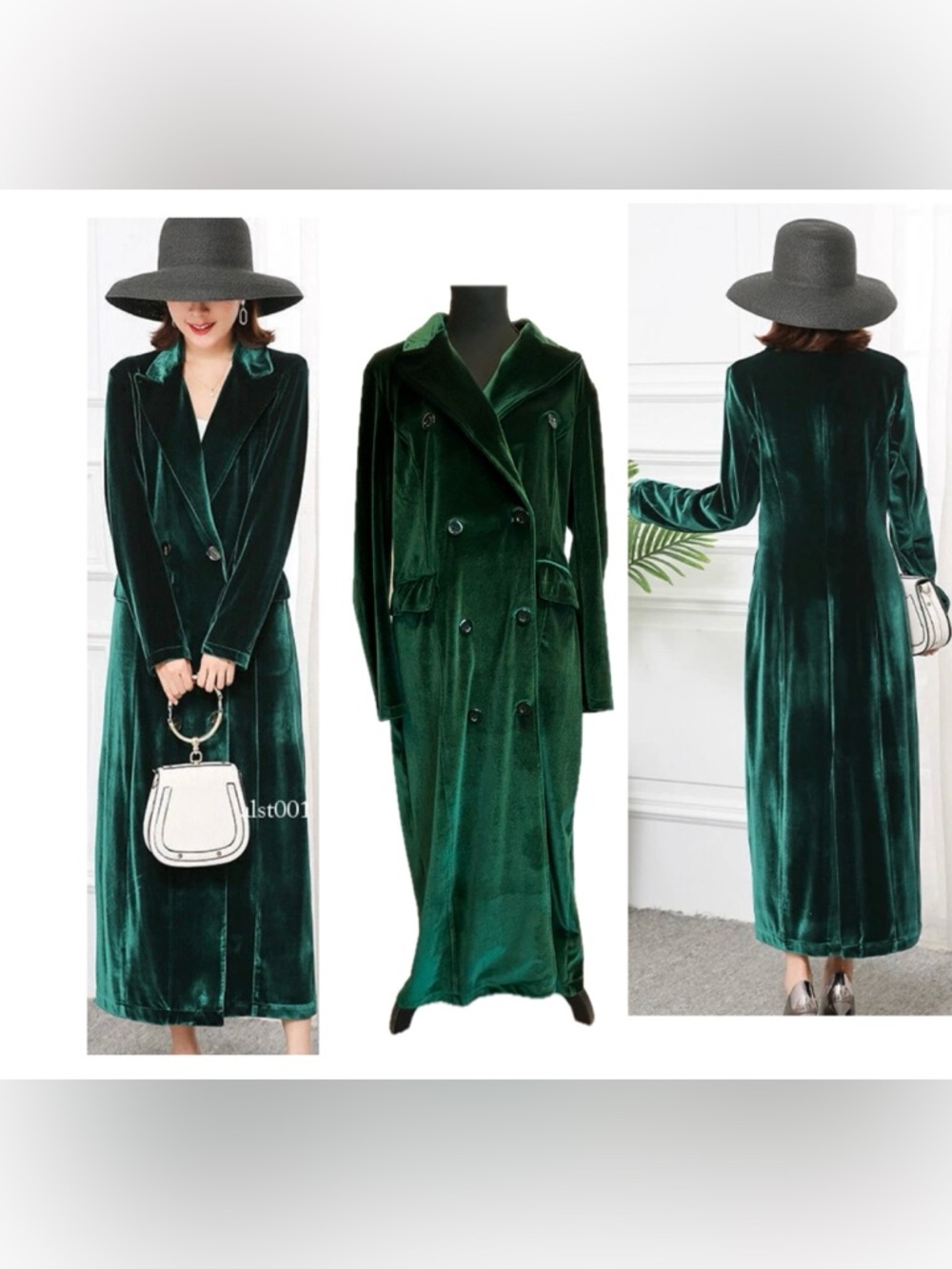 Kate Hewko Emerald Green Velvet Long Double-Breasted Maxi Dress Coat trenchcoat